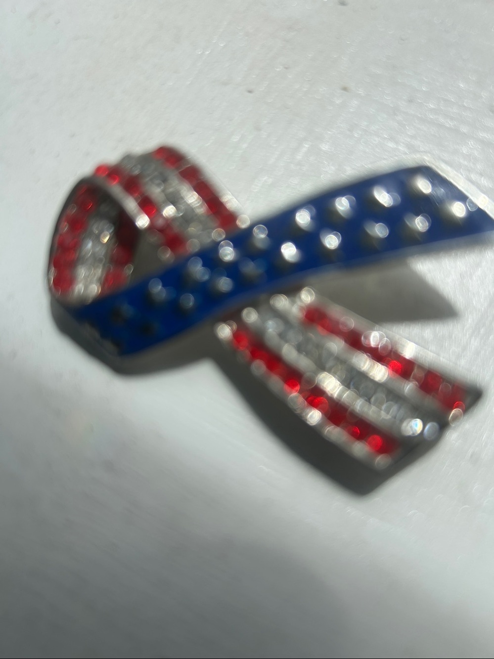 Ribbon Pin with Red, White  Rhinestones &silver ⭐️ & silver peace pendant